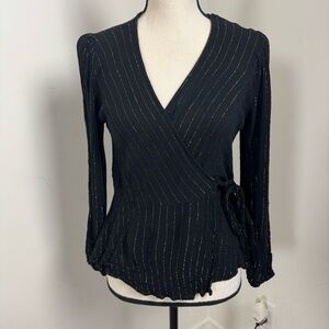 Jun & Ivy Metallic Stripe Black Wrap Blouse M Top Coquette Y2K Office Party Boho